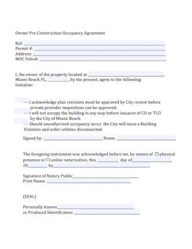 Pre Construction Occupancy Agreement