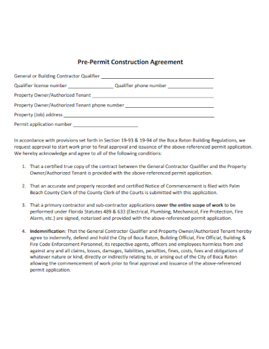 Pre Construction Permit Agreement