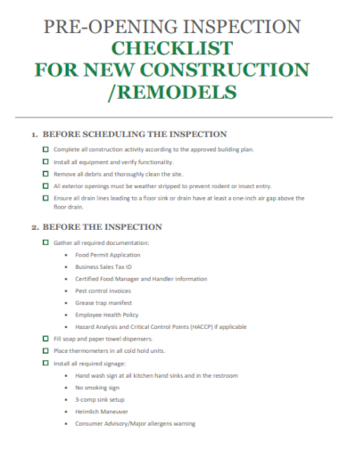 Pre Opening New Construction Checklist