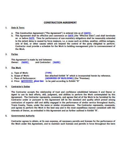 Real Estate Building Construction Agreement