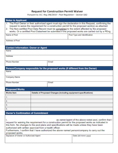 Request for Construction Permit Waiver Form