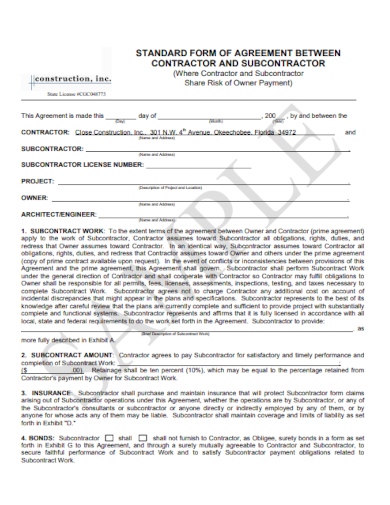 Standard Form Construction Contractor Agreement