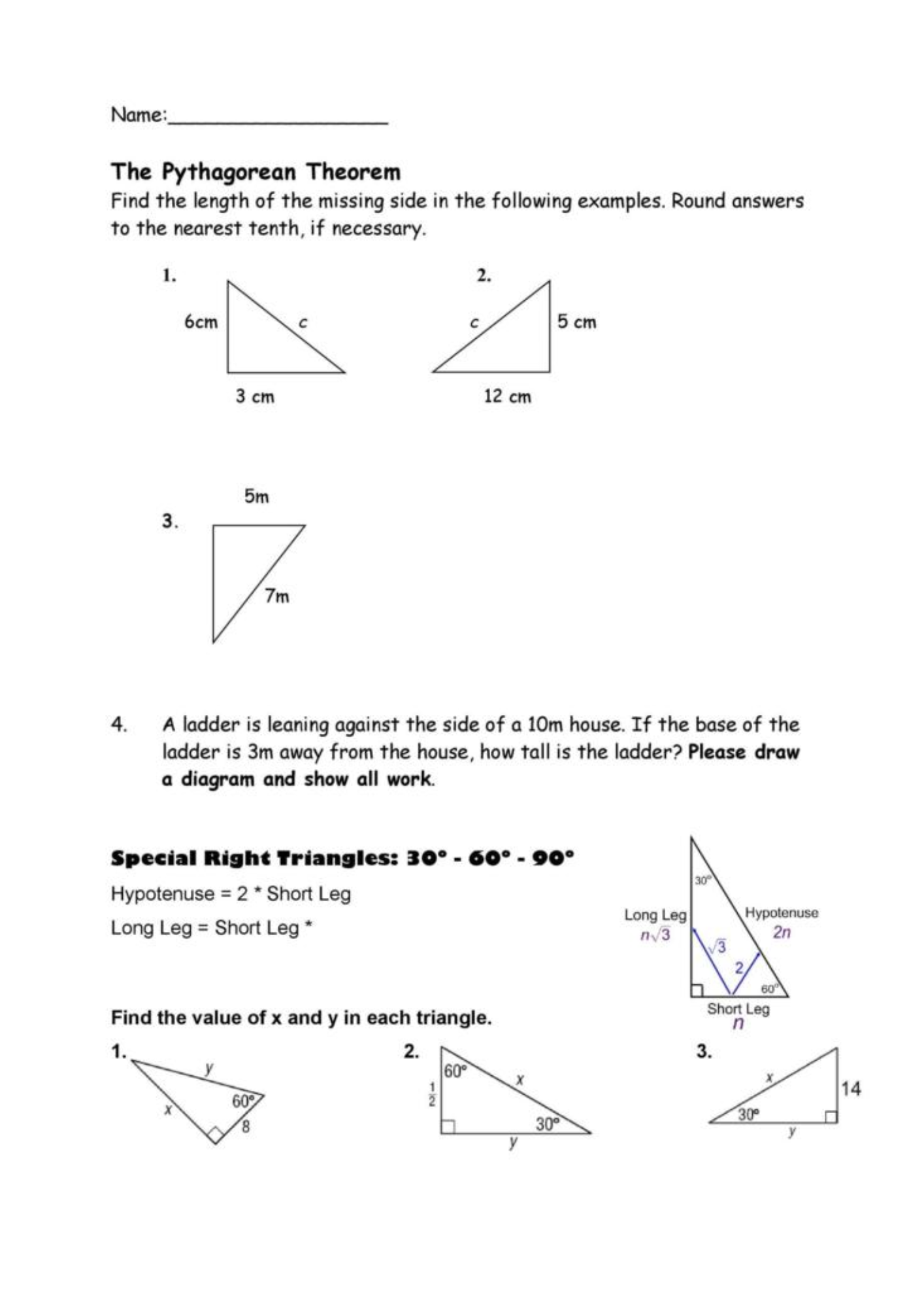 10th Grade Pythagoras Theorem Worksheet