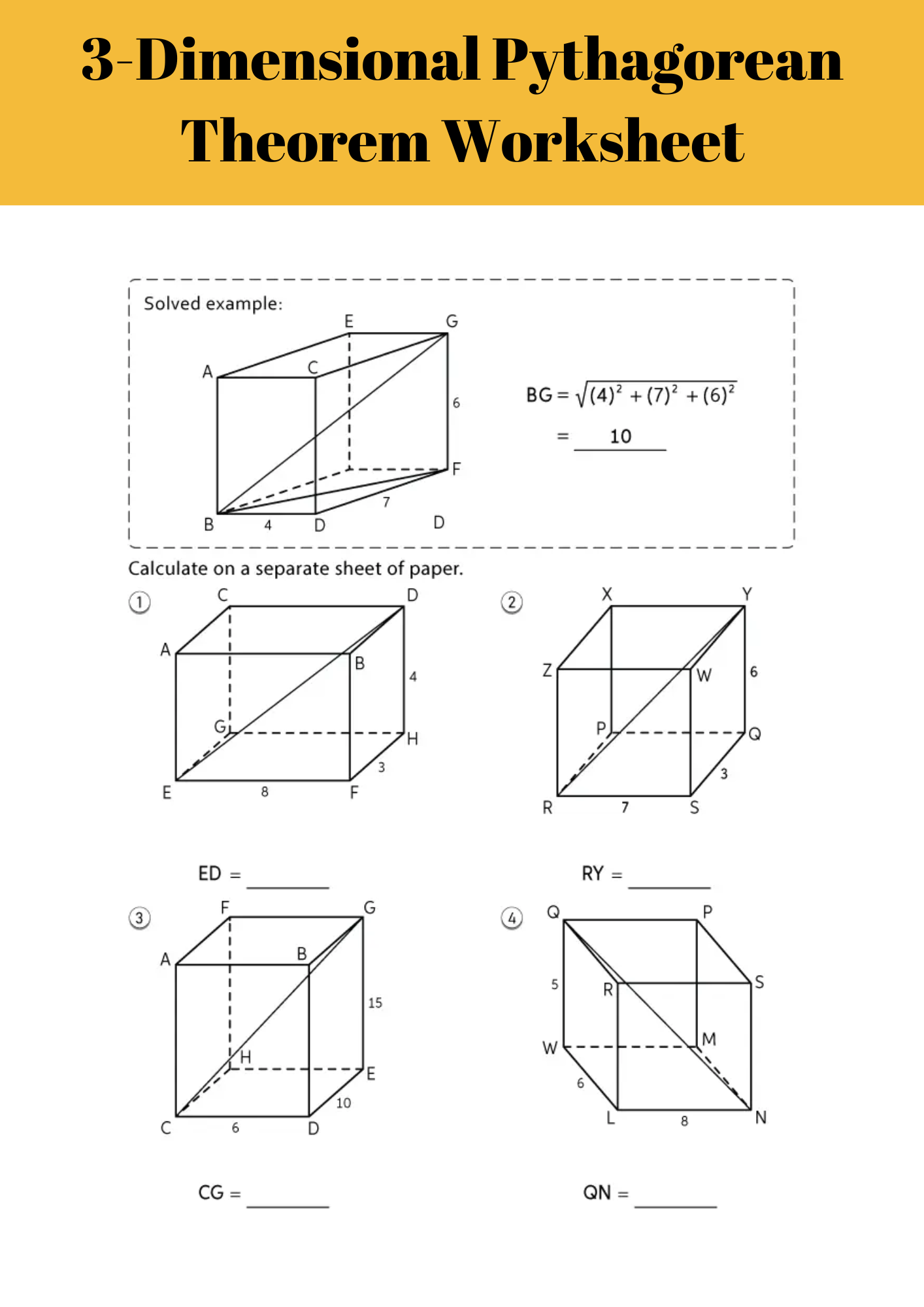 3 Dimensional Pythagorean Theorem Worksheet