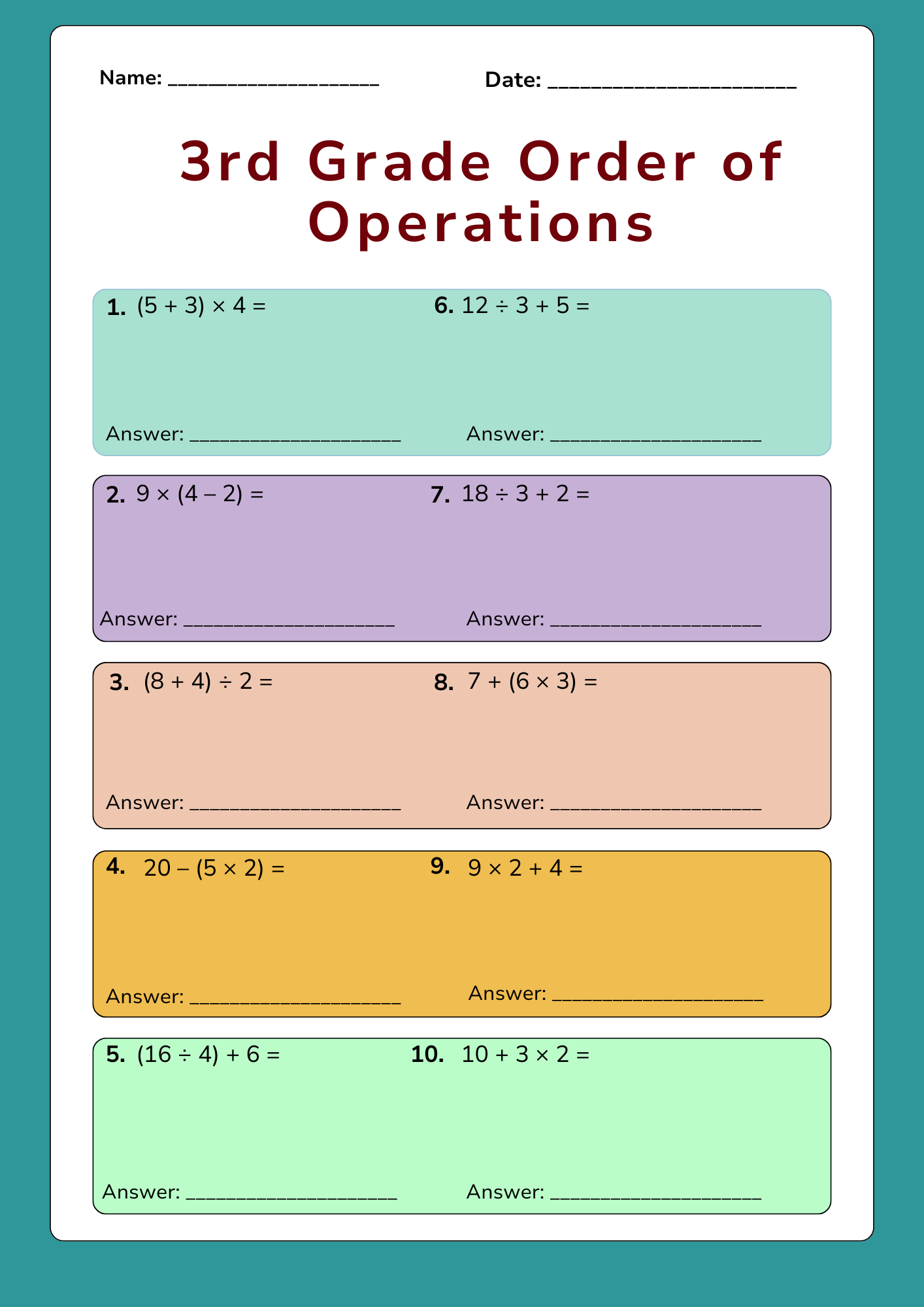 3rd Grade Order of Operations Worksheet