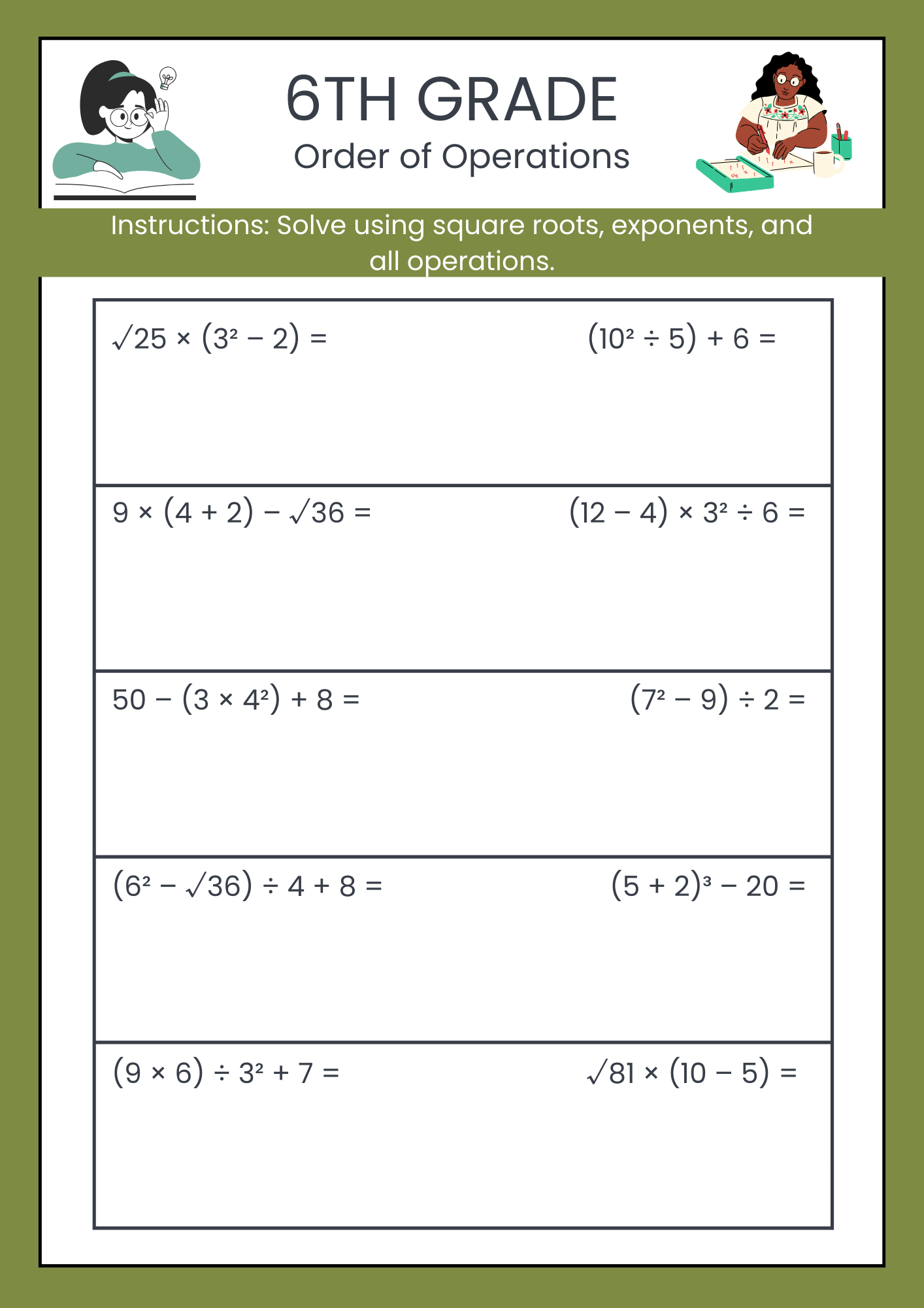 6th Grade Order of Operations Worksheet