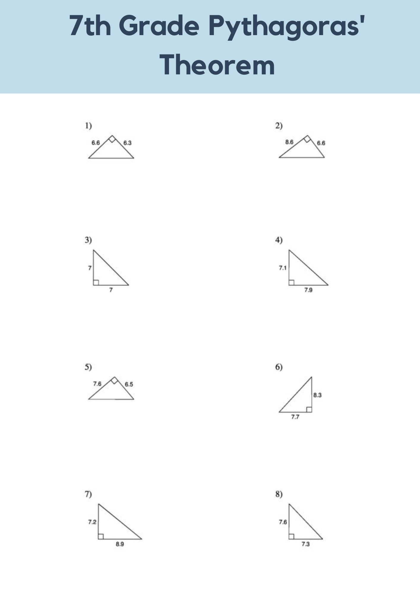 7th Grade Pythagoras Theorem Worksheet