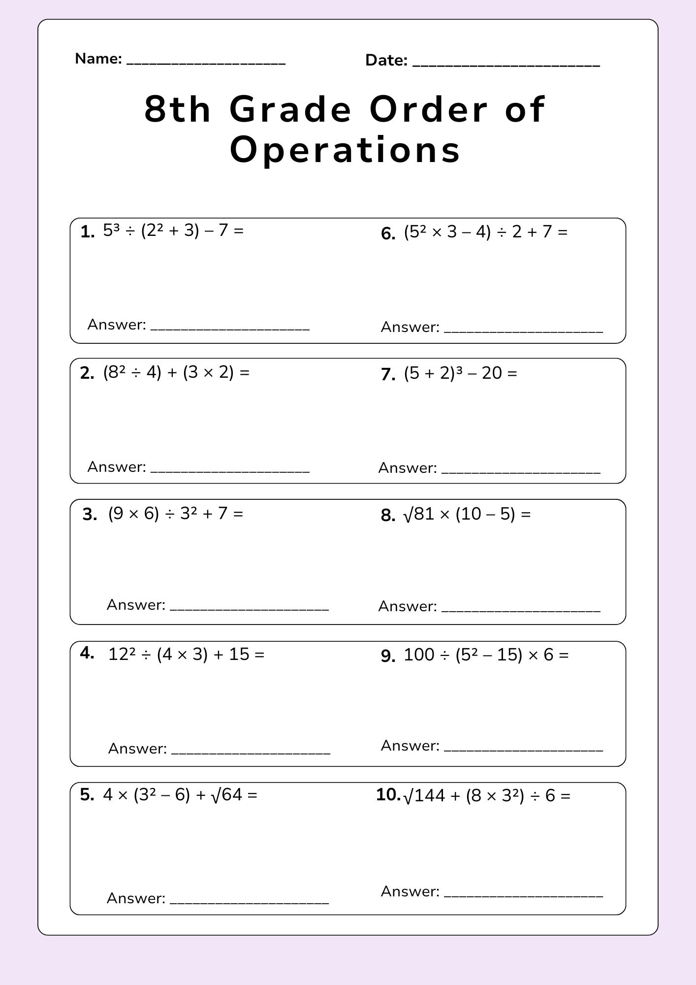 8th Grade Order of Operations