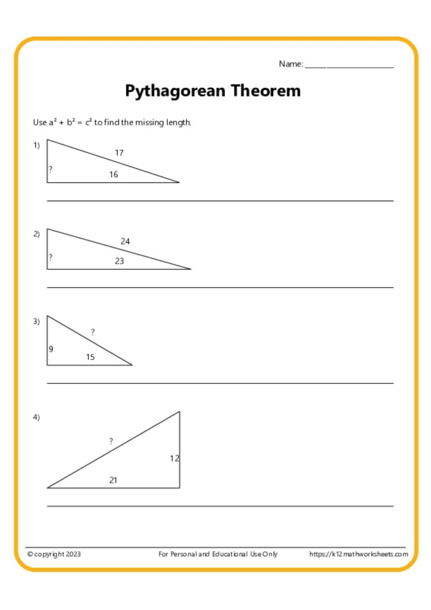 8th Grade Pythagorean Theorem Worksheet 