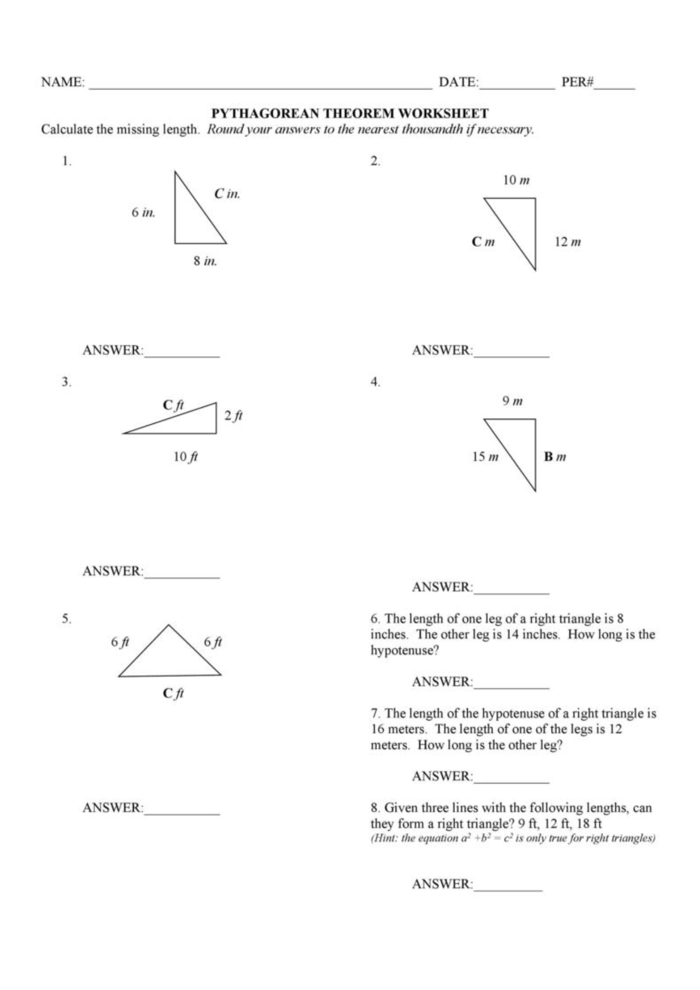 9th Grade Pythagorean Theorem Worksheet 