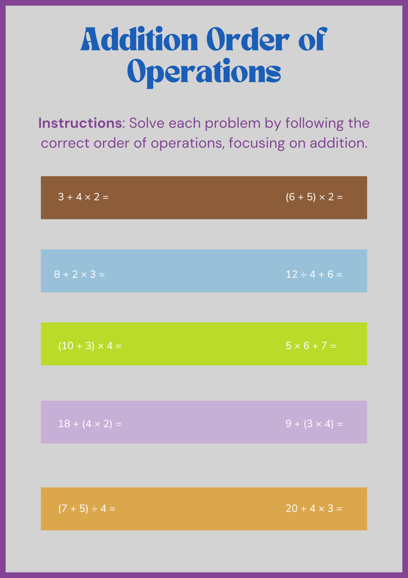 Addition Order of Operations Worksheet