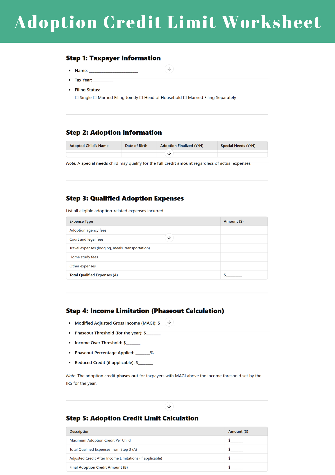 Adoption Credit Limit Worksheet