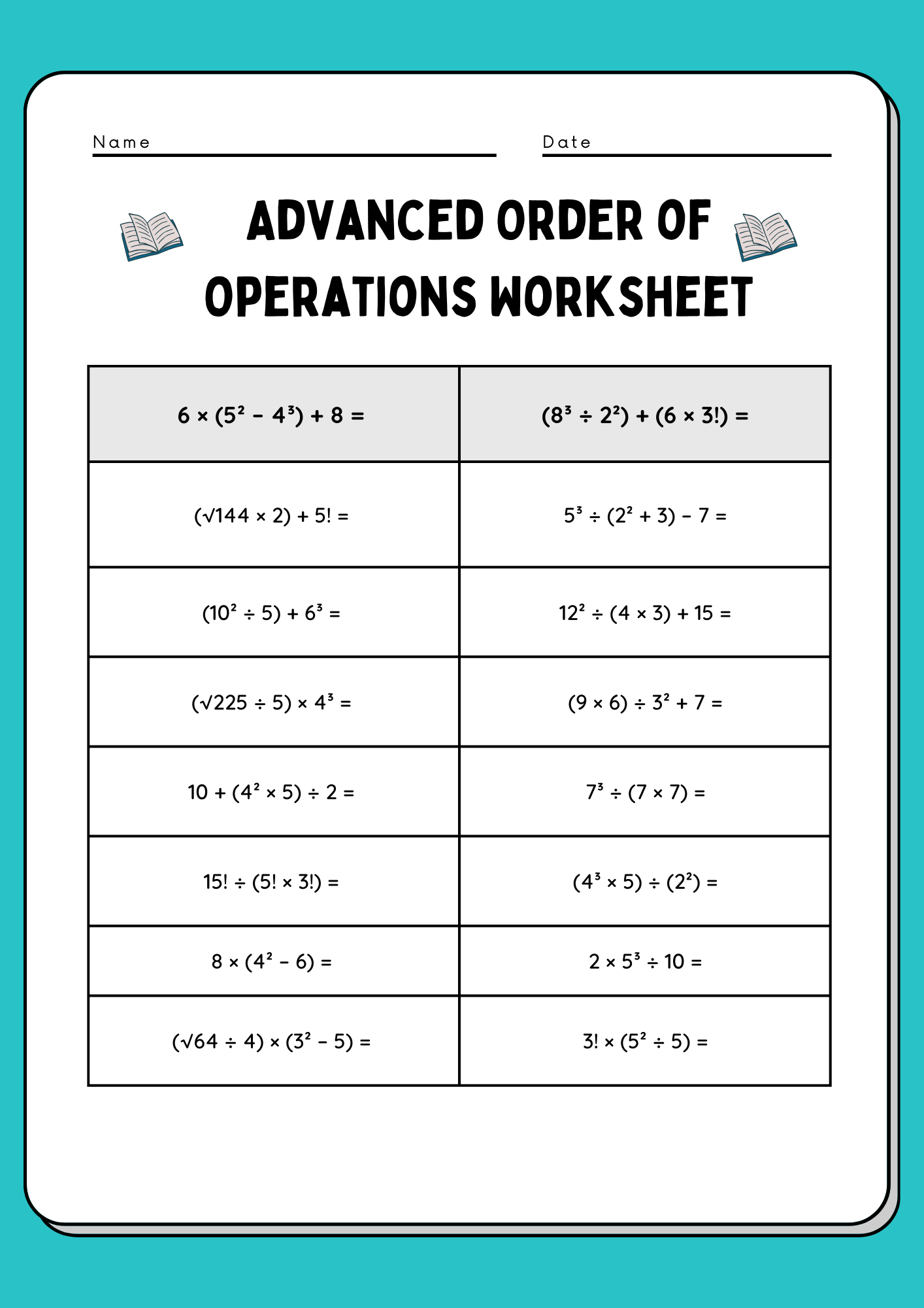 Advanced Order of Operations Worksheet