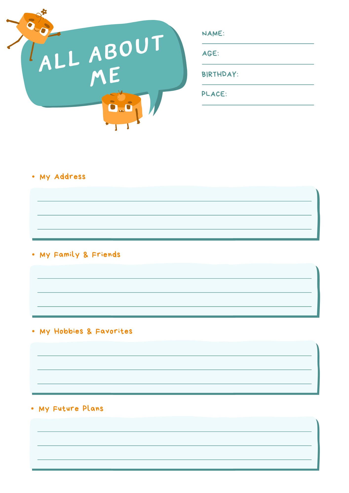 All About me Worksheet for Junior High School