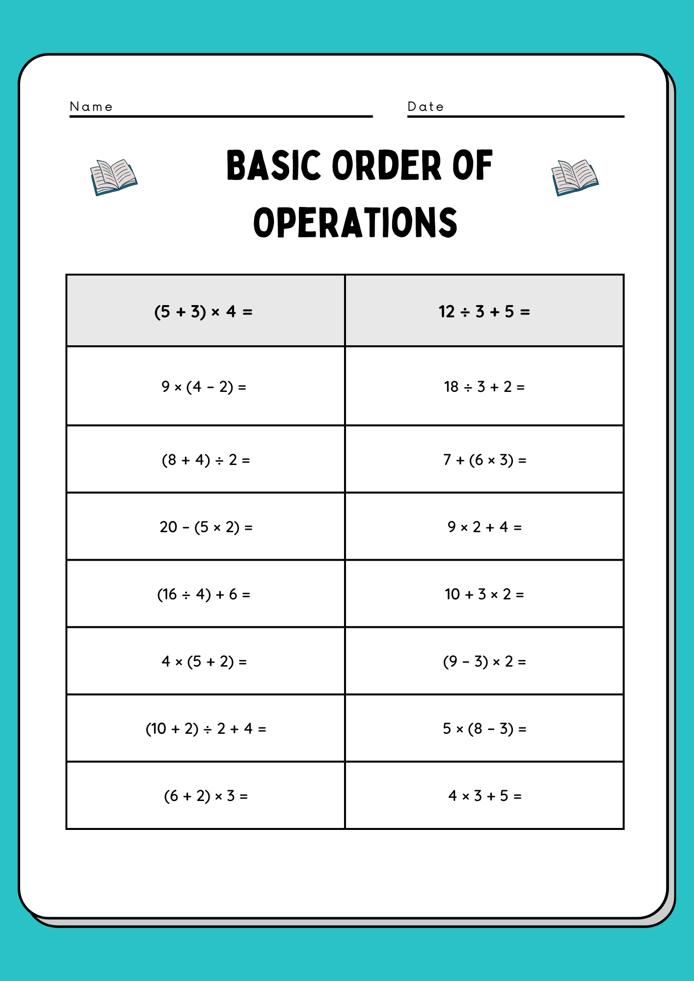 Basic Order of Operations Worksheet