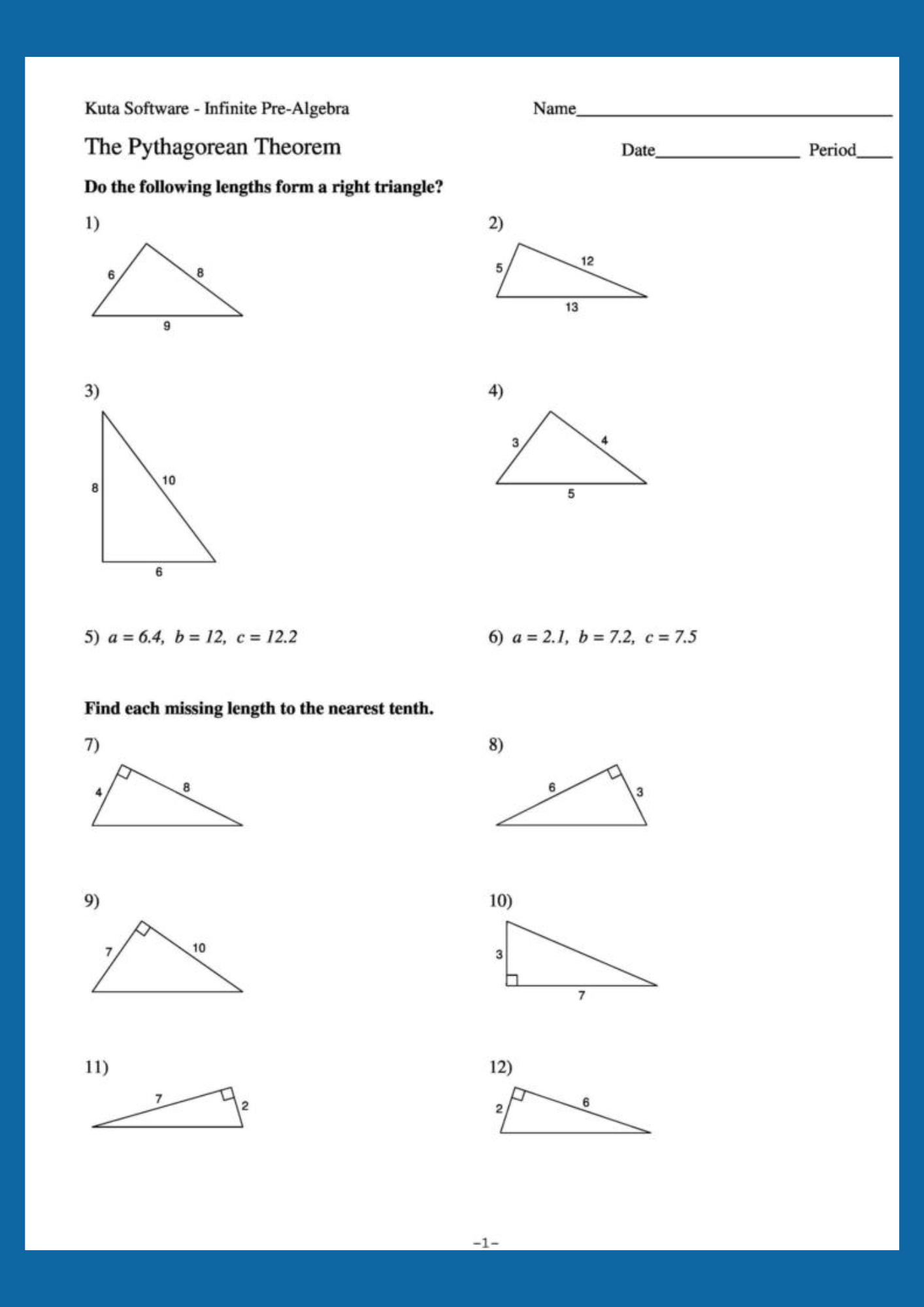 Basic Pythagorean Theorem Worksheet