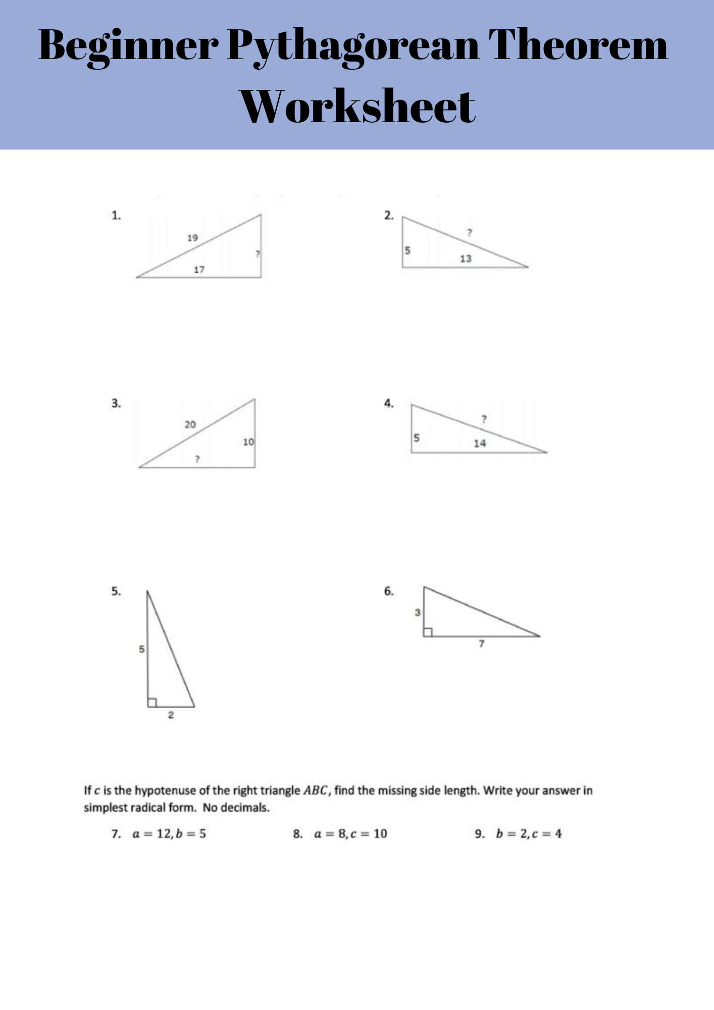 Beginner Pythagorean Theorem Worksheet