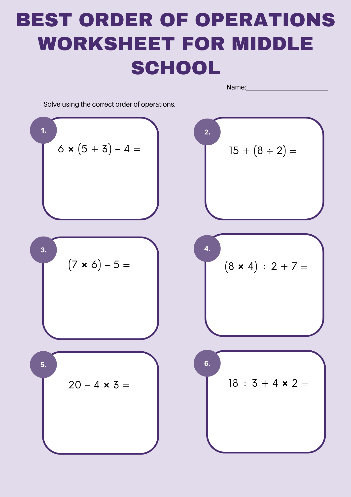 Best Order of Operations Worksheet for Middle School