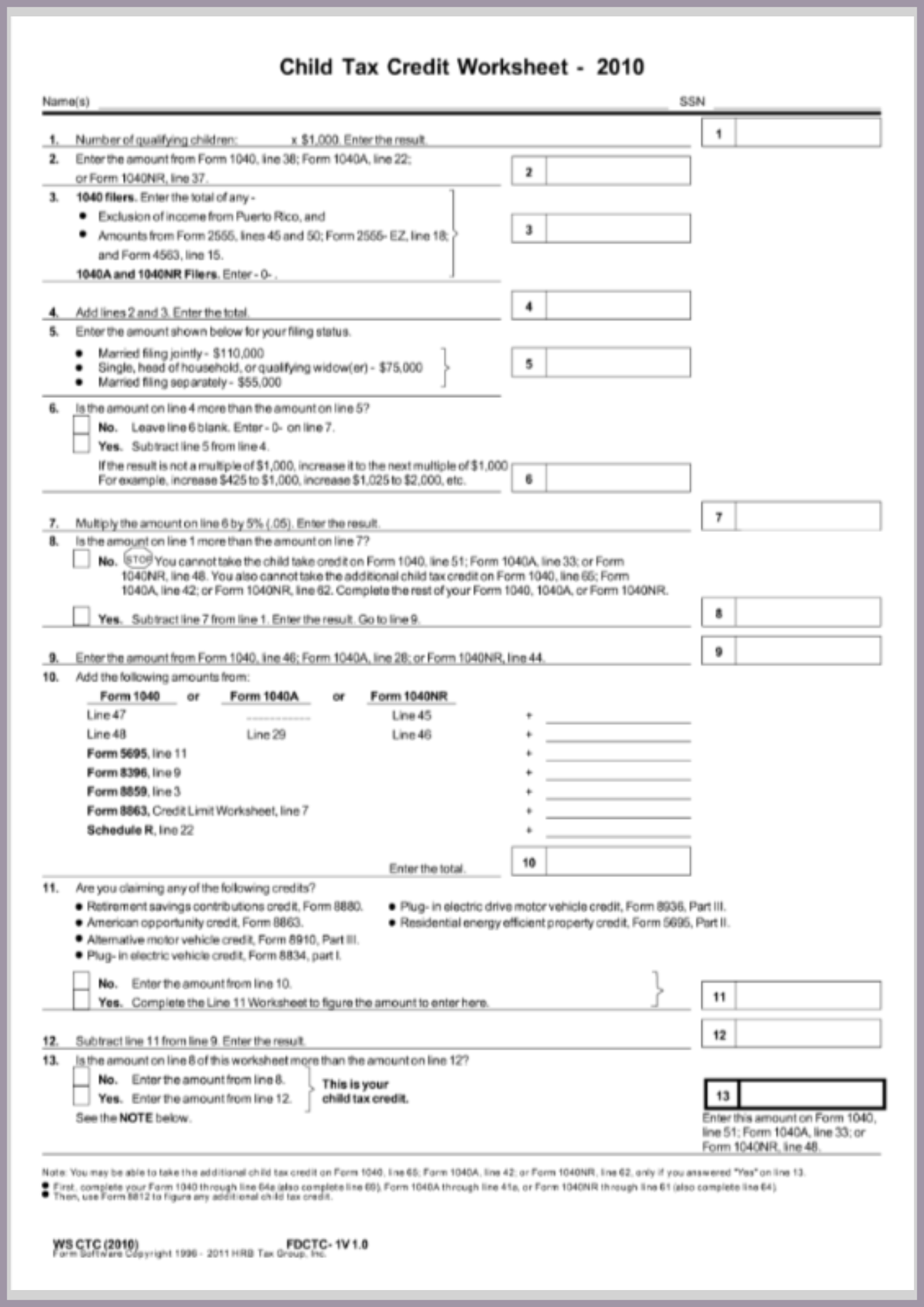 Child Tax Credit Limit Worksheet