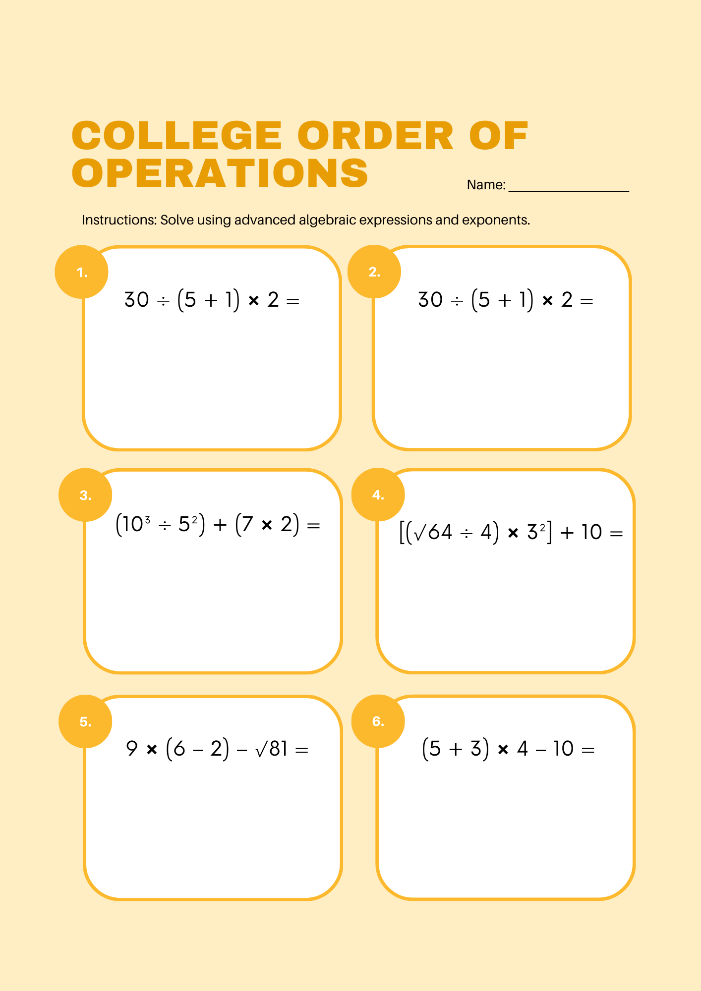 College Order of Operations Worksheet