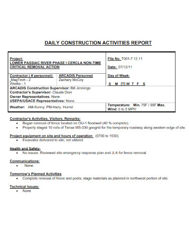 Construction Daily Activities Report