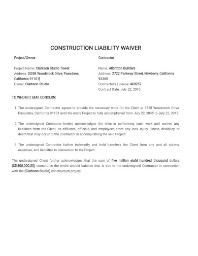 Construction Liability Waiver Form
