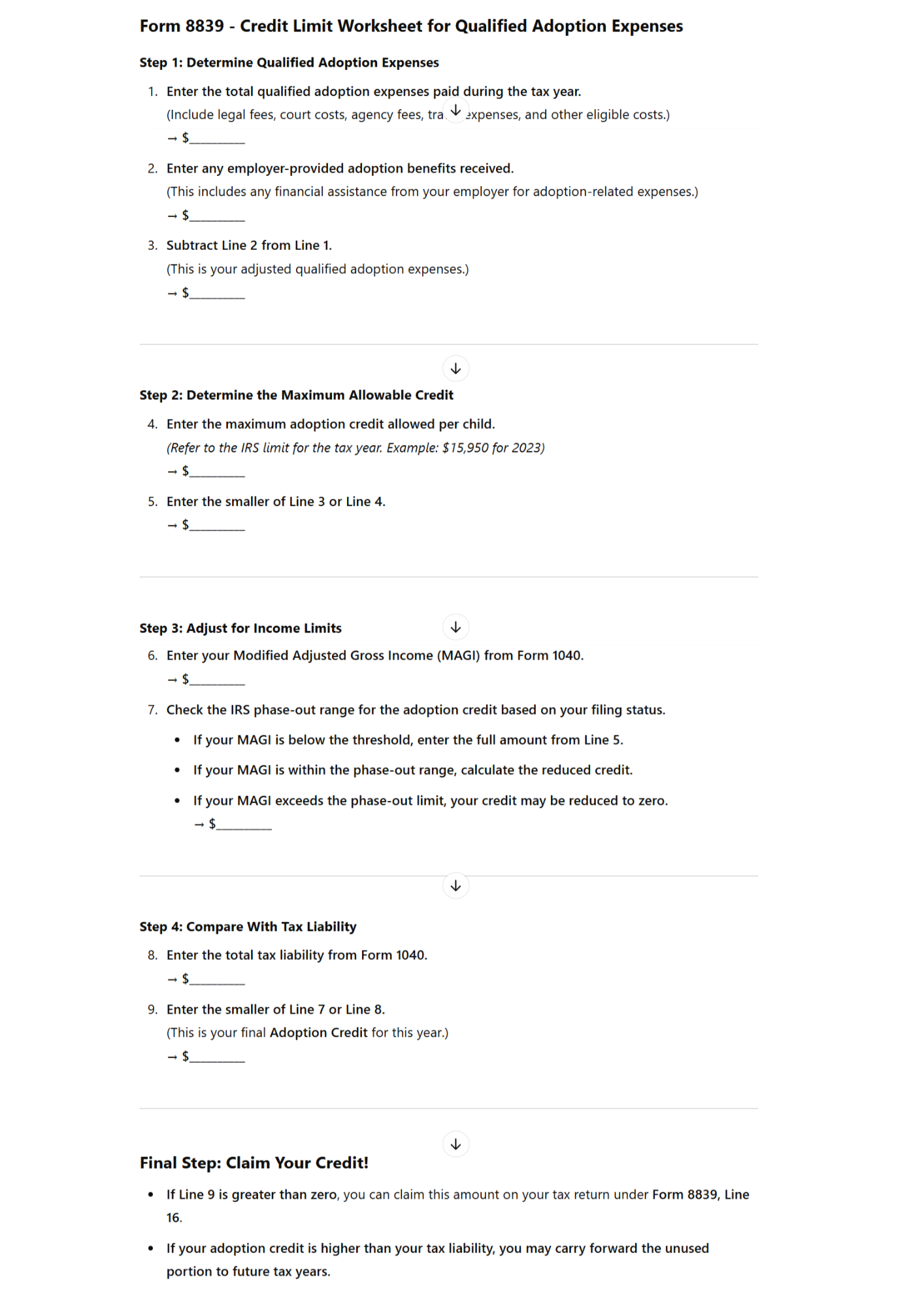 Credit Limit Worksheet Form 8839