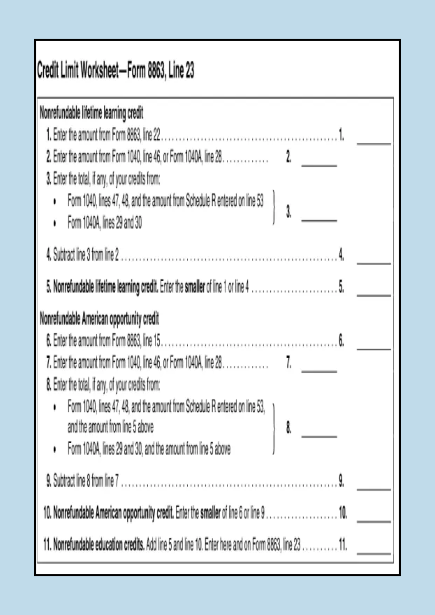 Credit Limit Worksheet Form 8863 Line 23