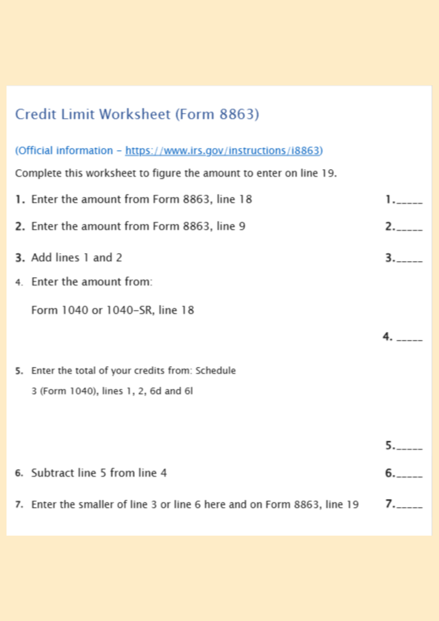 Credit Limit Worksheet Form 8863