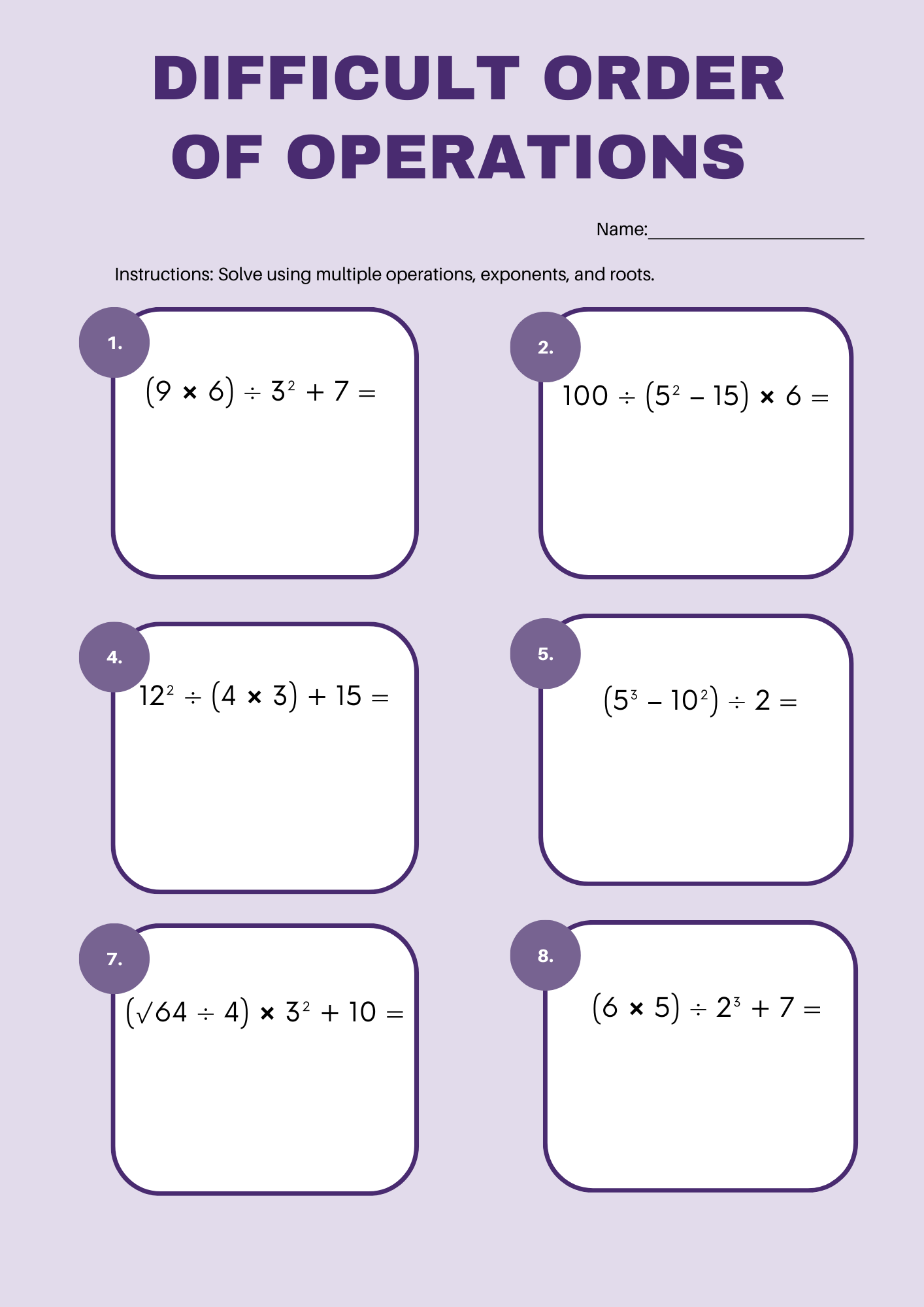 Difficult Order of Operations Worksheet