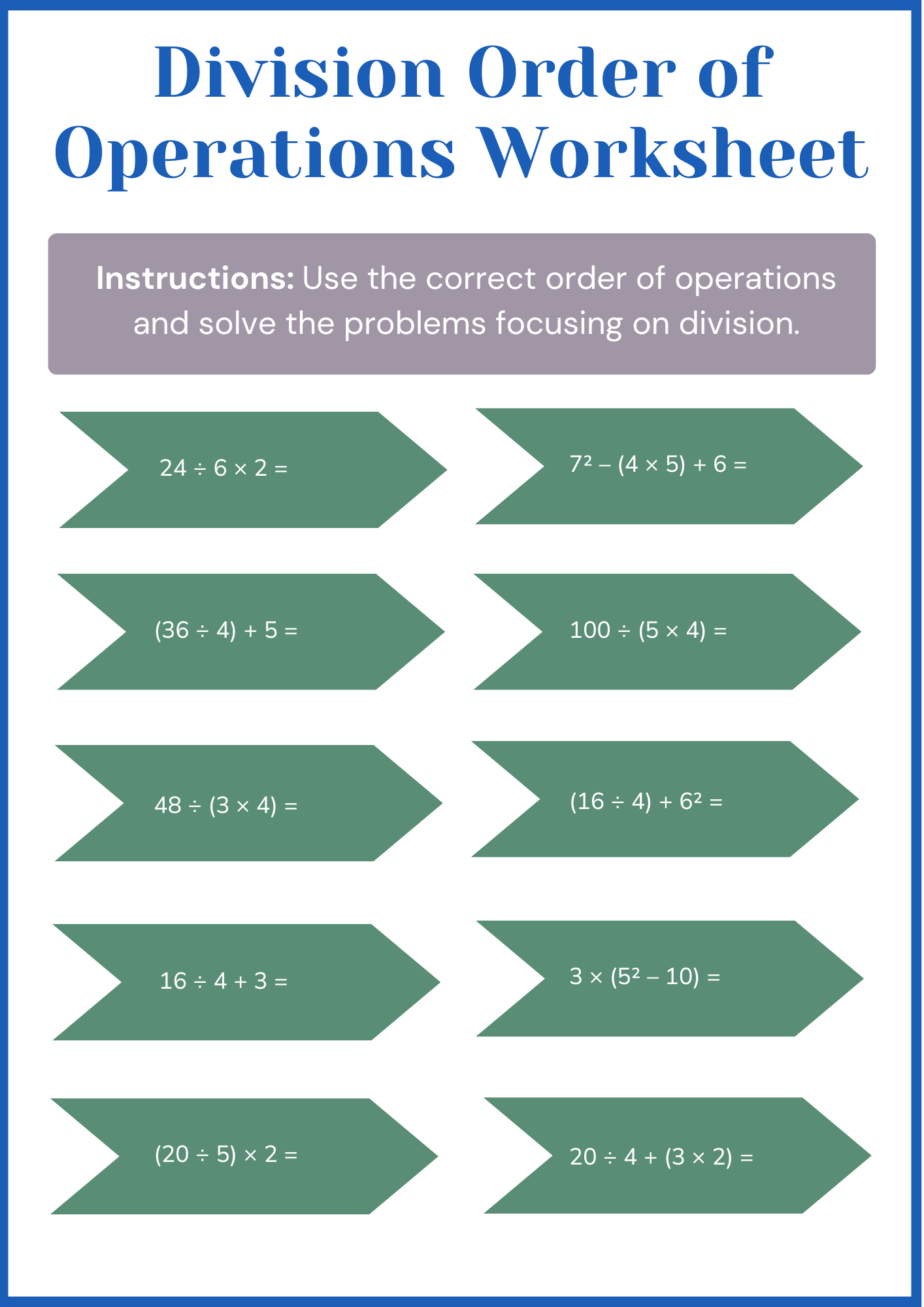 Division Order of Operations Worksheet