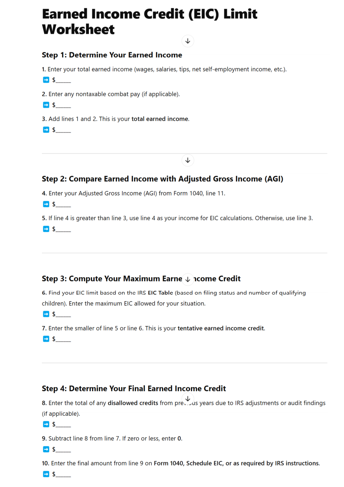 Earned Income Credit Limit Worksheet