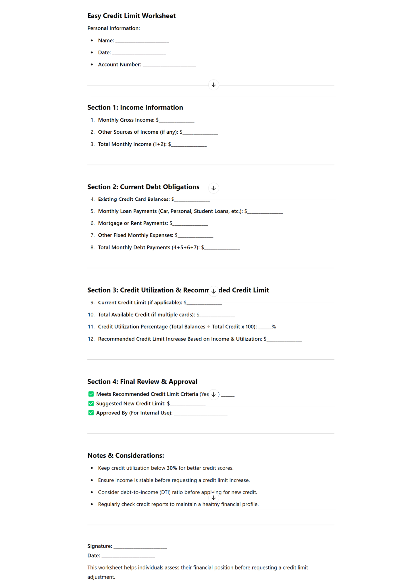 Easy Credit Limit Worksheet