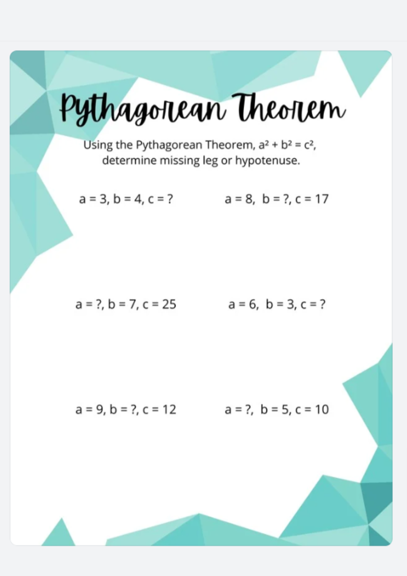 Easy Pythagorean Theorem Worksheet