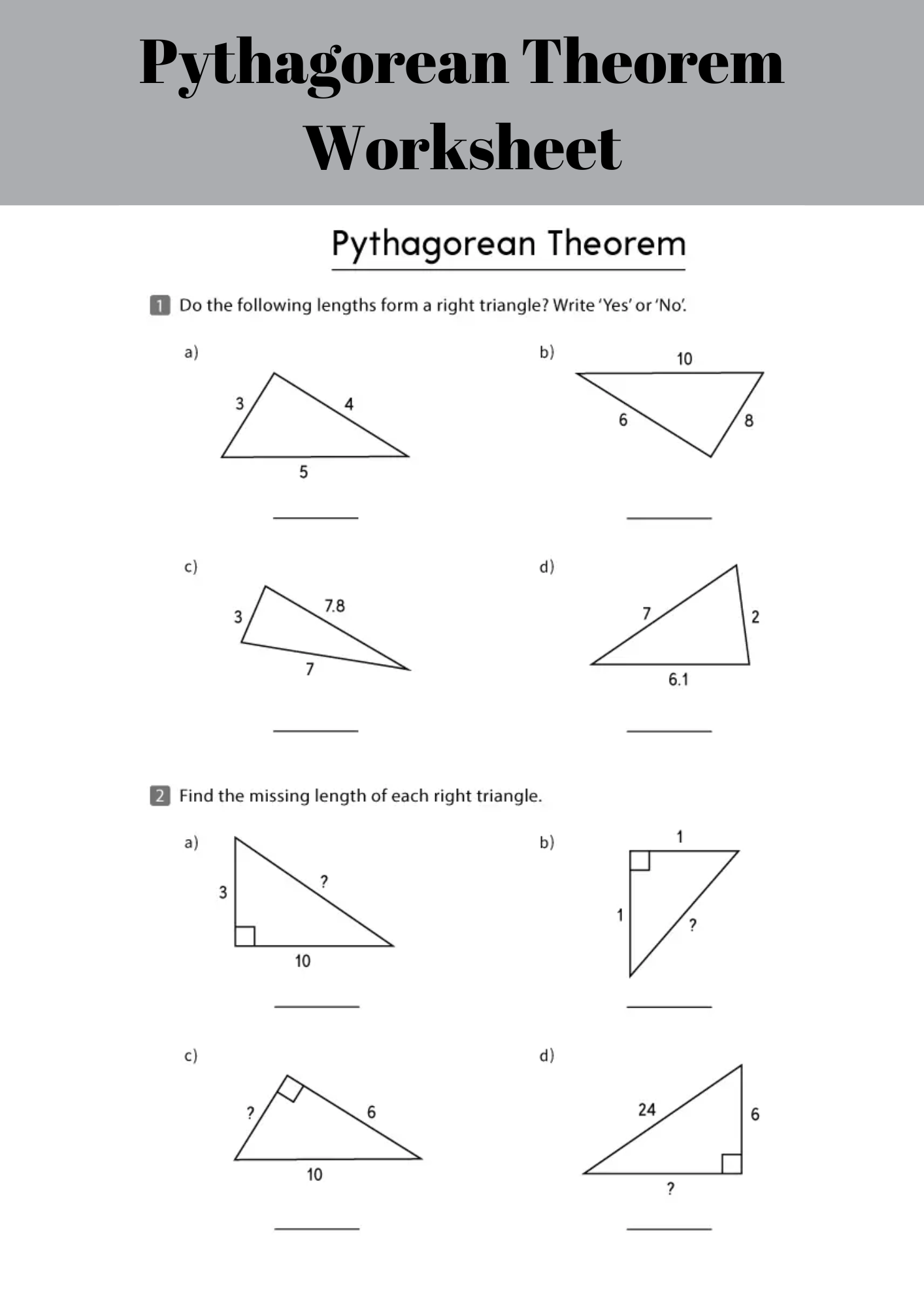 Easy to Use Pythagorean Theorem Worksheet