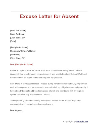 Excuse Letter for Absent
