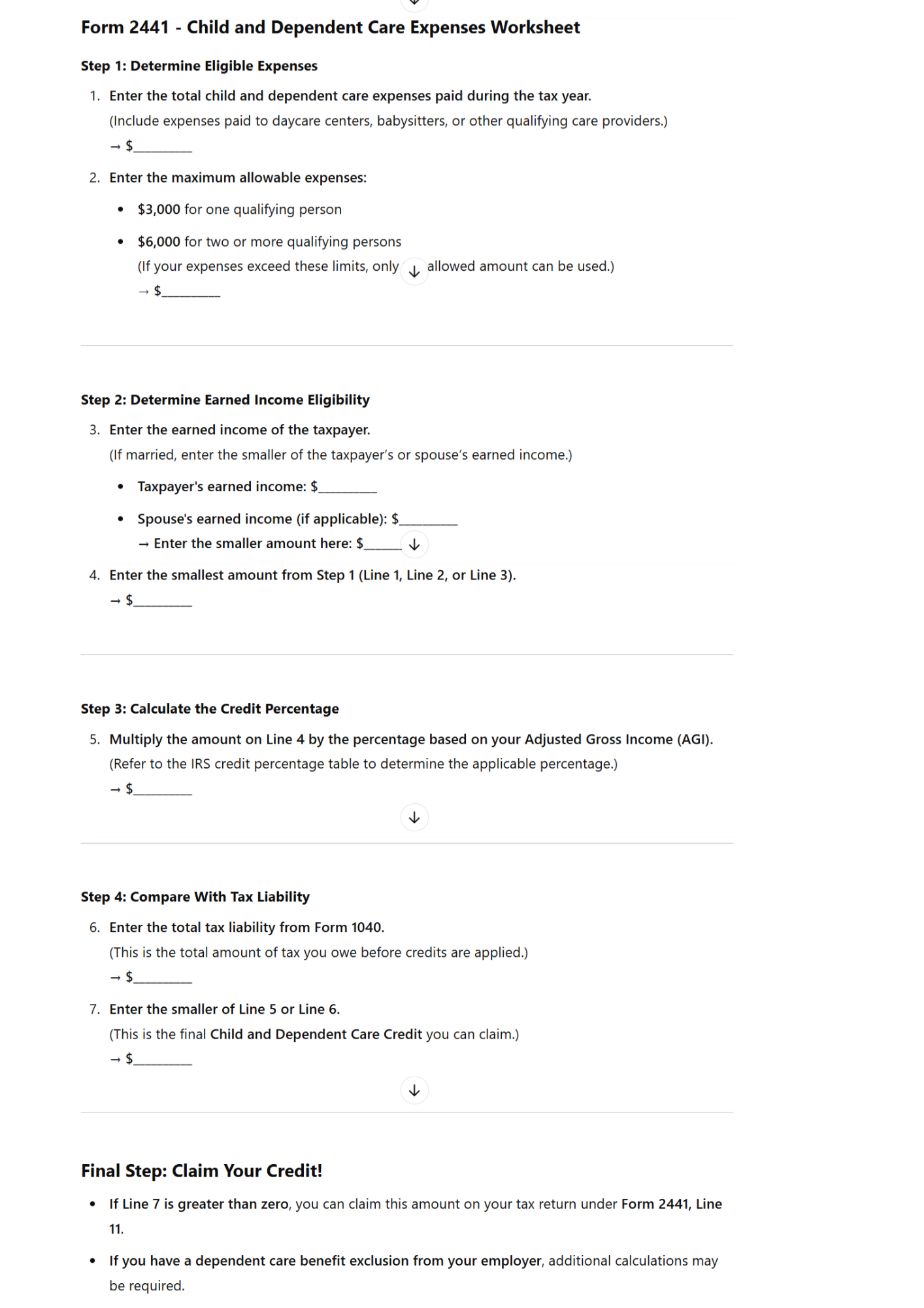 Form 2441 Credit Limit Worksheet