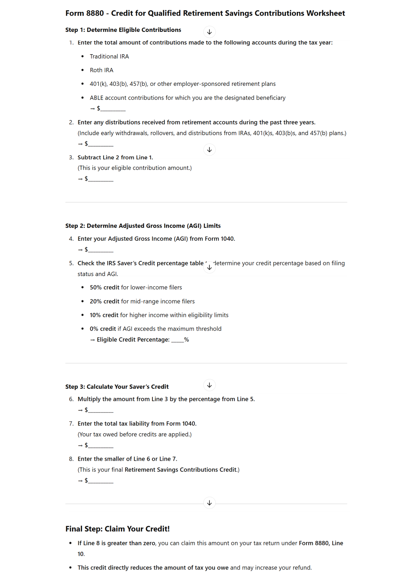 Form 8880 Credit Limit Worksheet