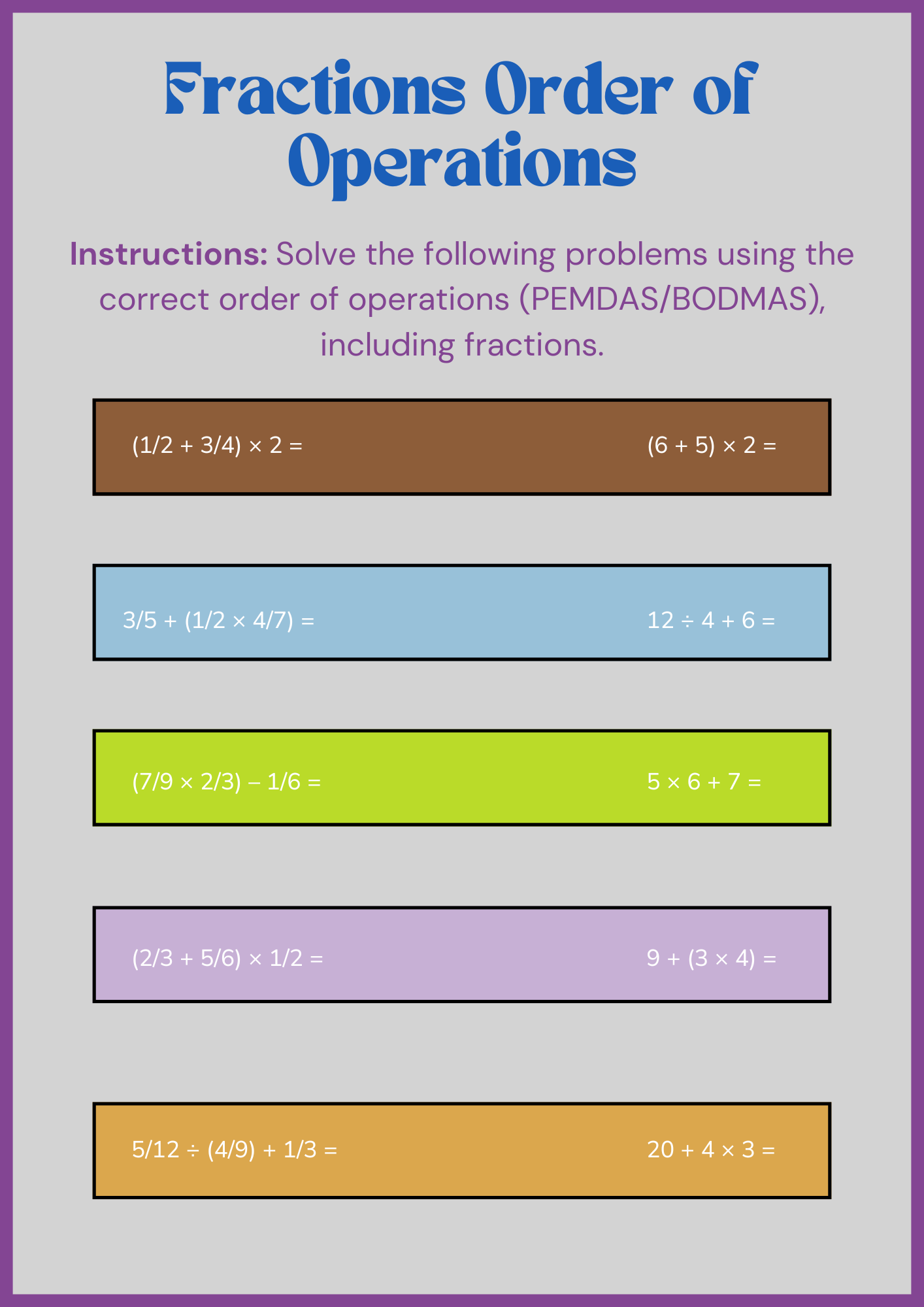 Fractions Order of Operations Worksheet