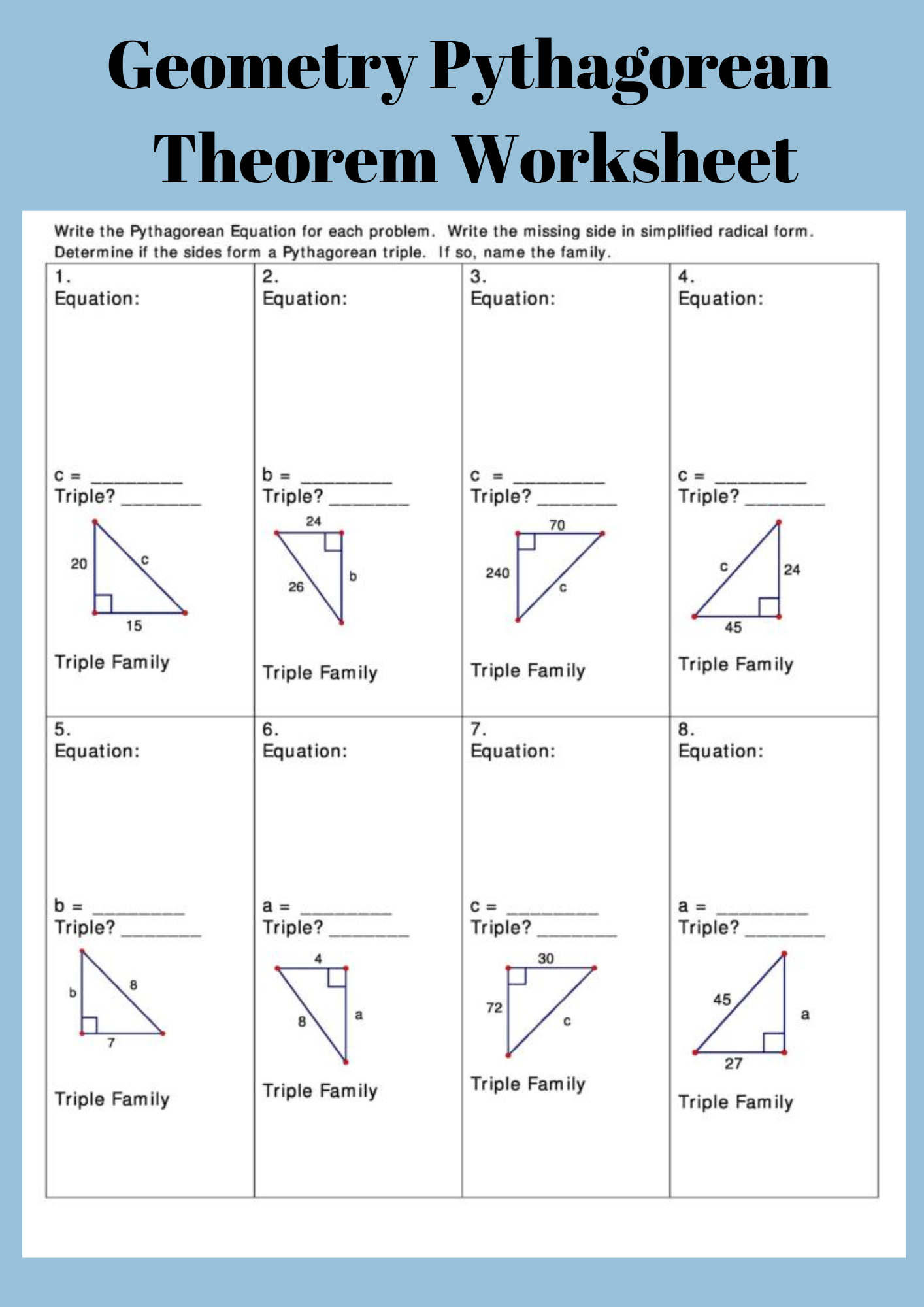 Geometry Pythagorean Theorem Worksheet 1