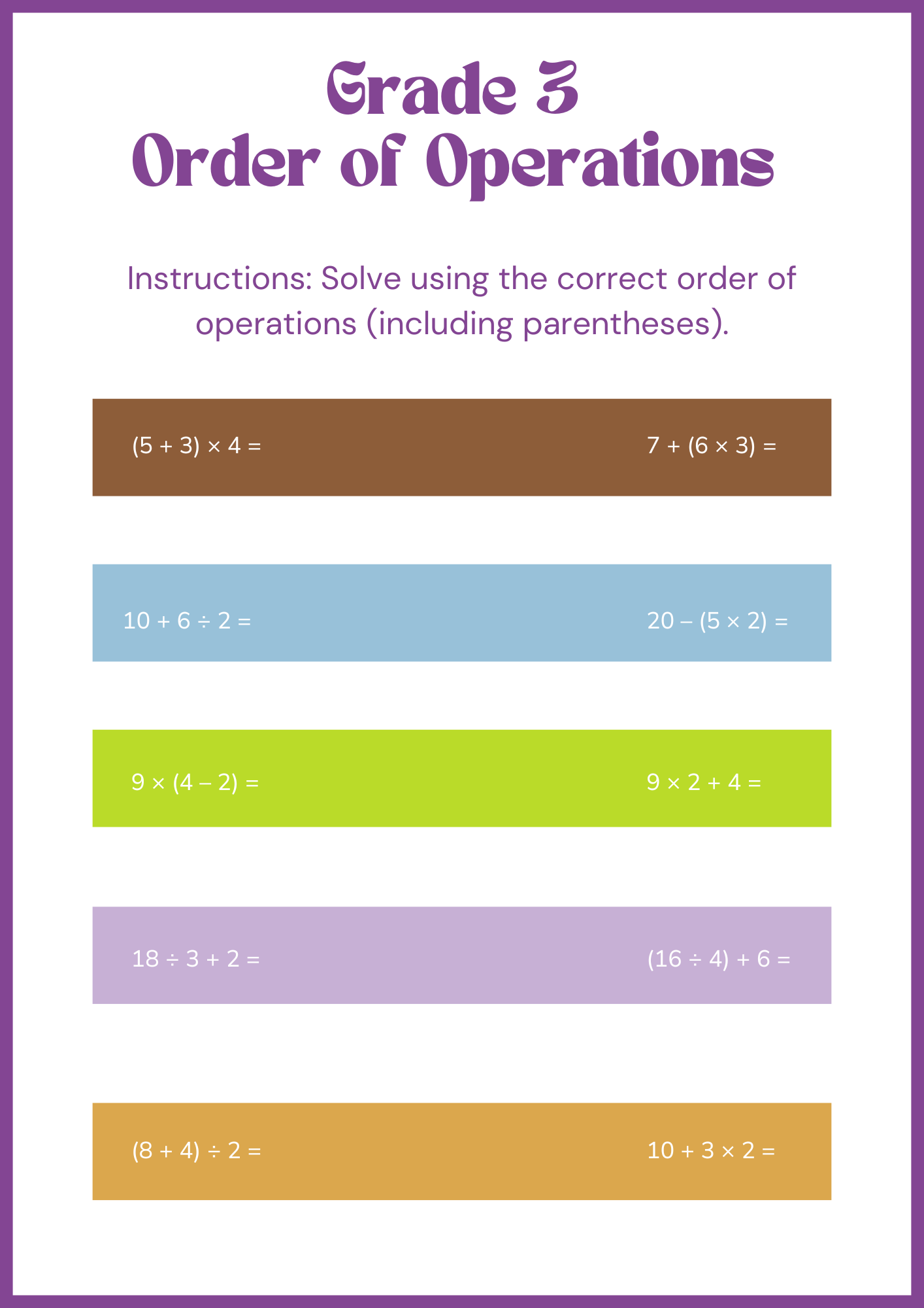 Grade 3 Order of Operations Worksheet