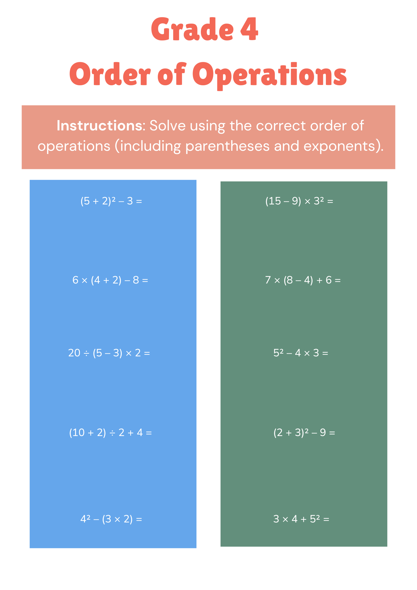 Grade 4 Order of Operations Worksheet