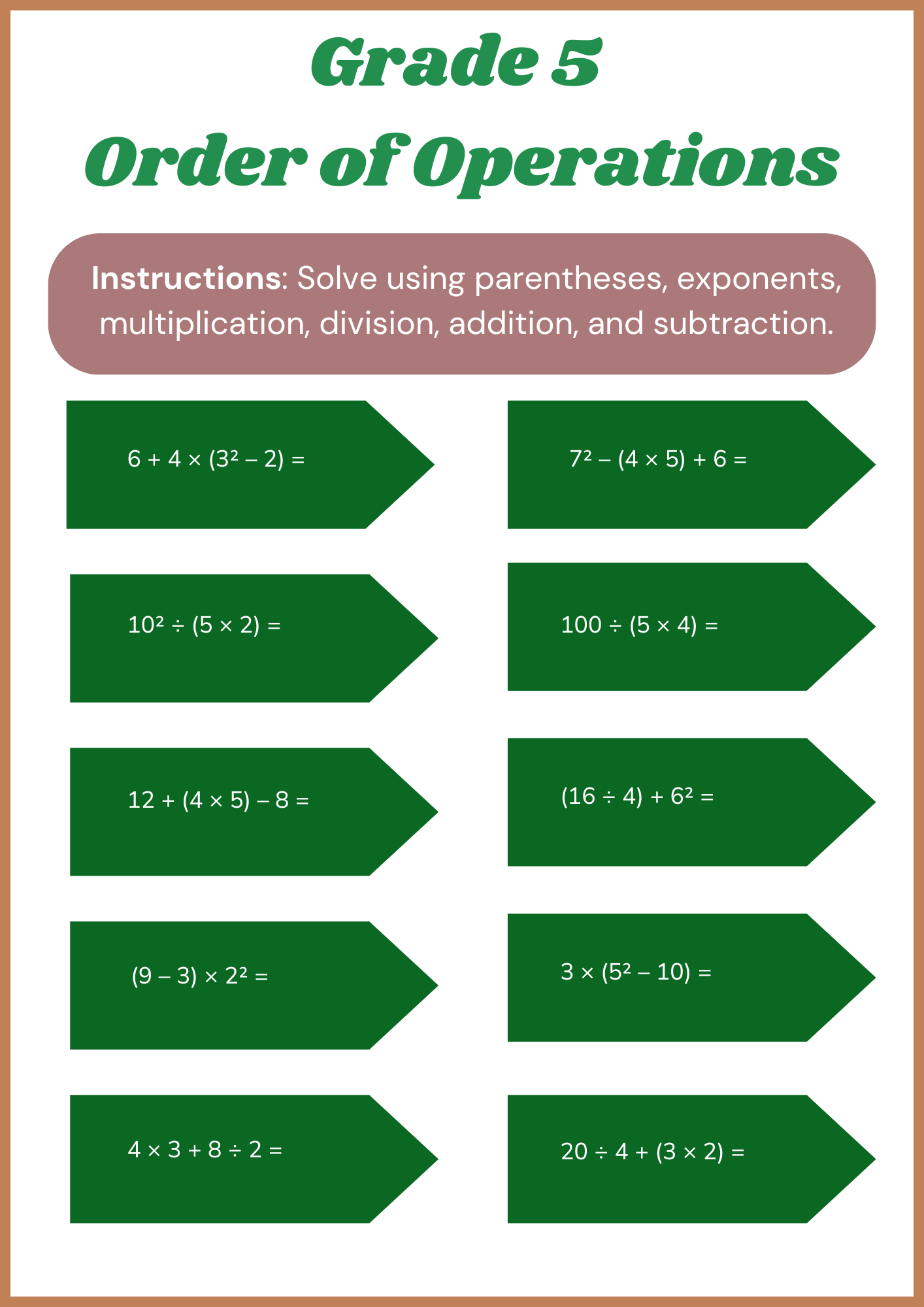 Grade 5 Order of Operations Worksheet