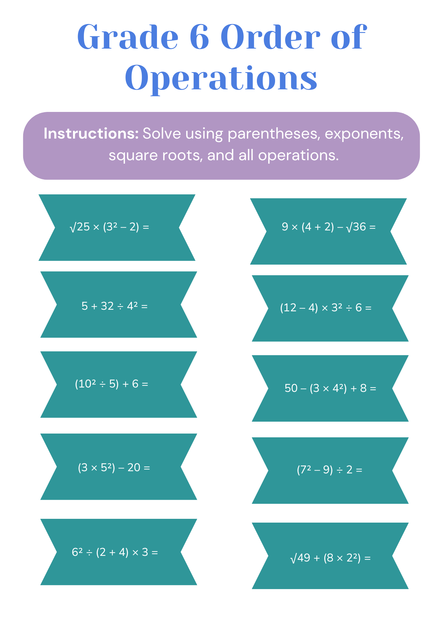 Grade 6 Order of Operations Worksheet