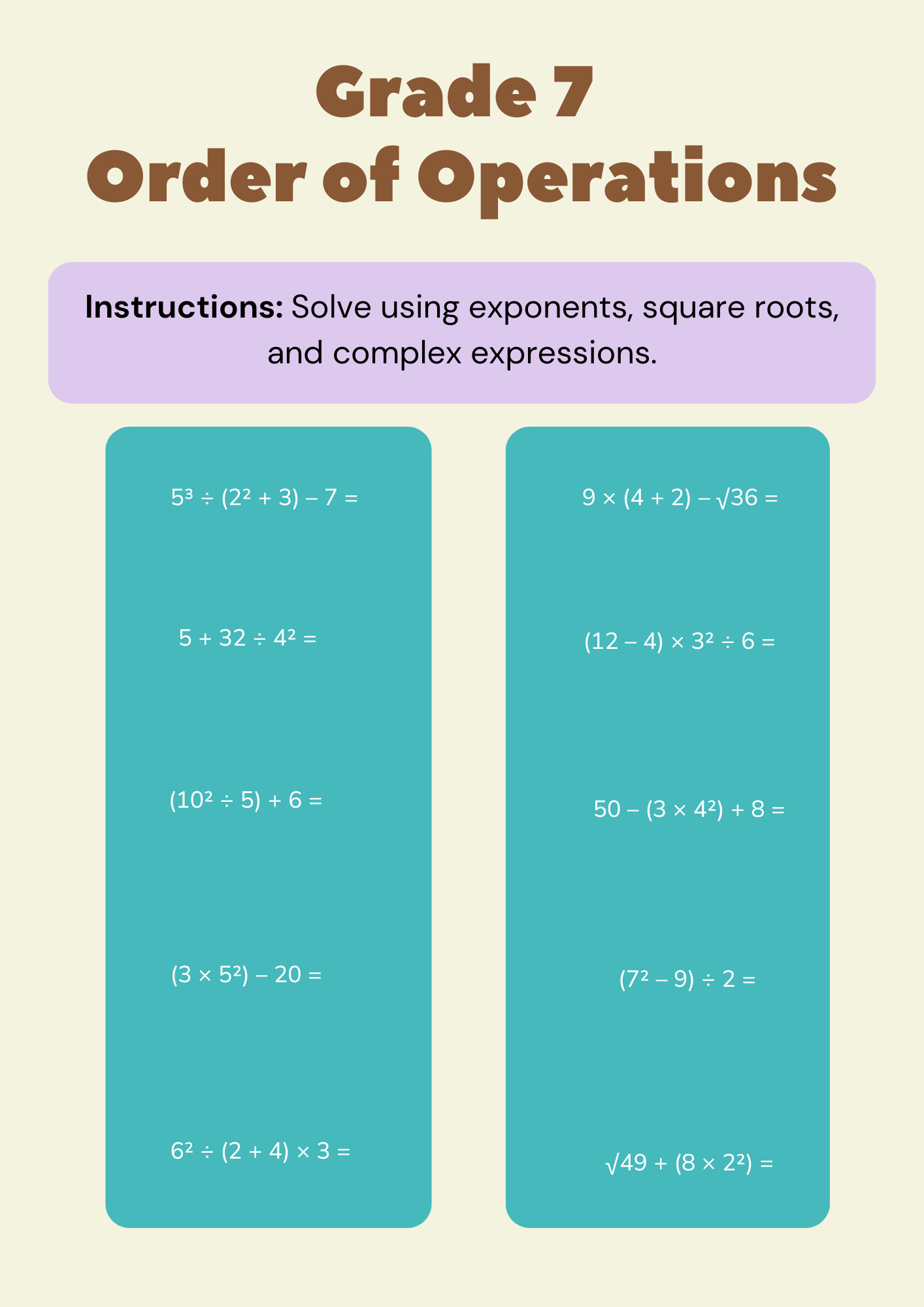 Grade 7 Order of Operations Worksheet