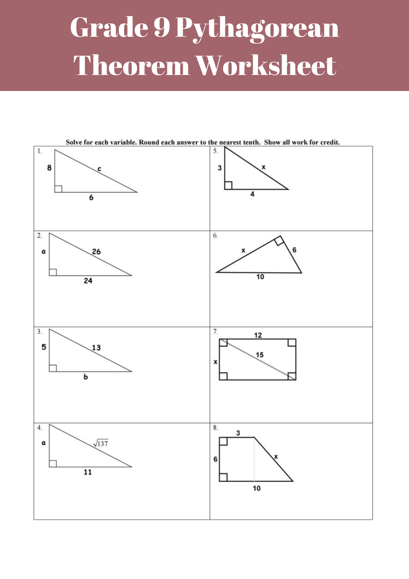 Grade 9 Pythagorean Theorem Worksheet