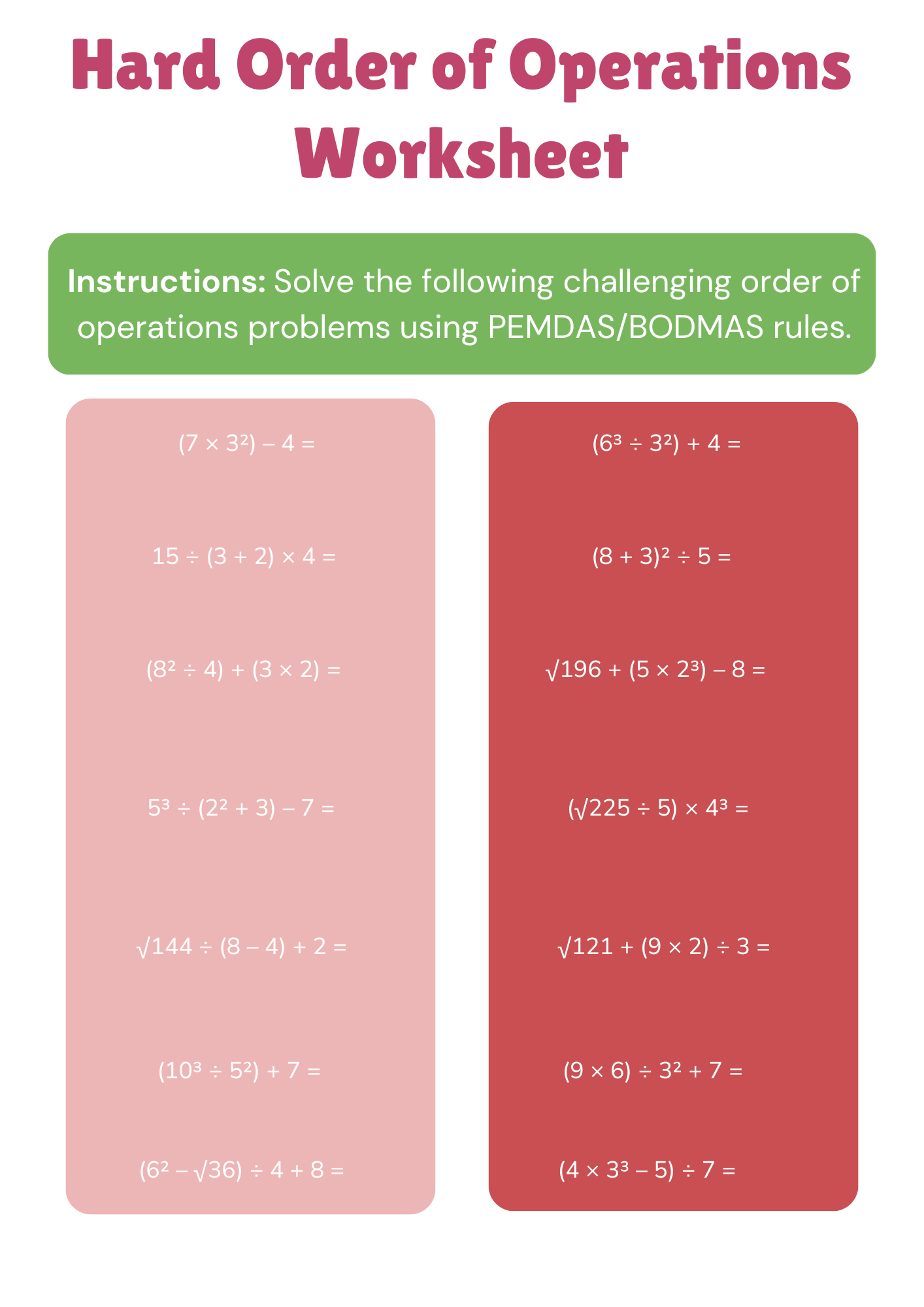 Hard Order of Operations Worksheet