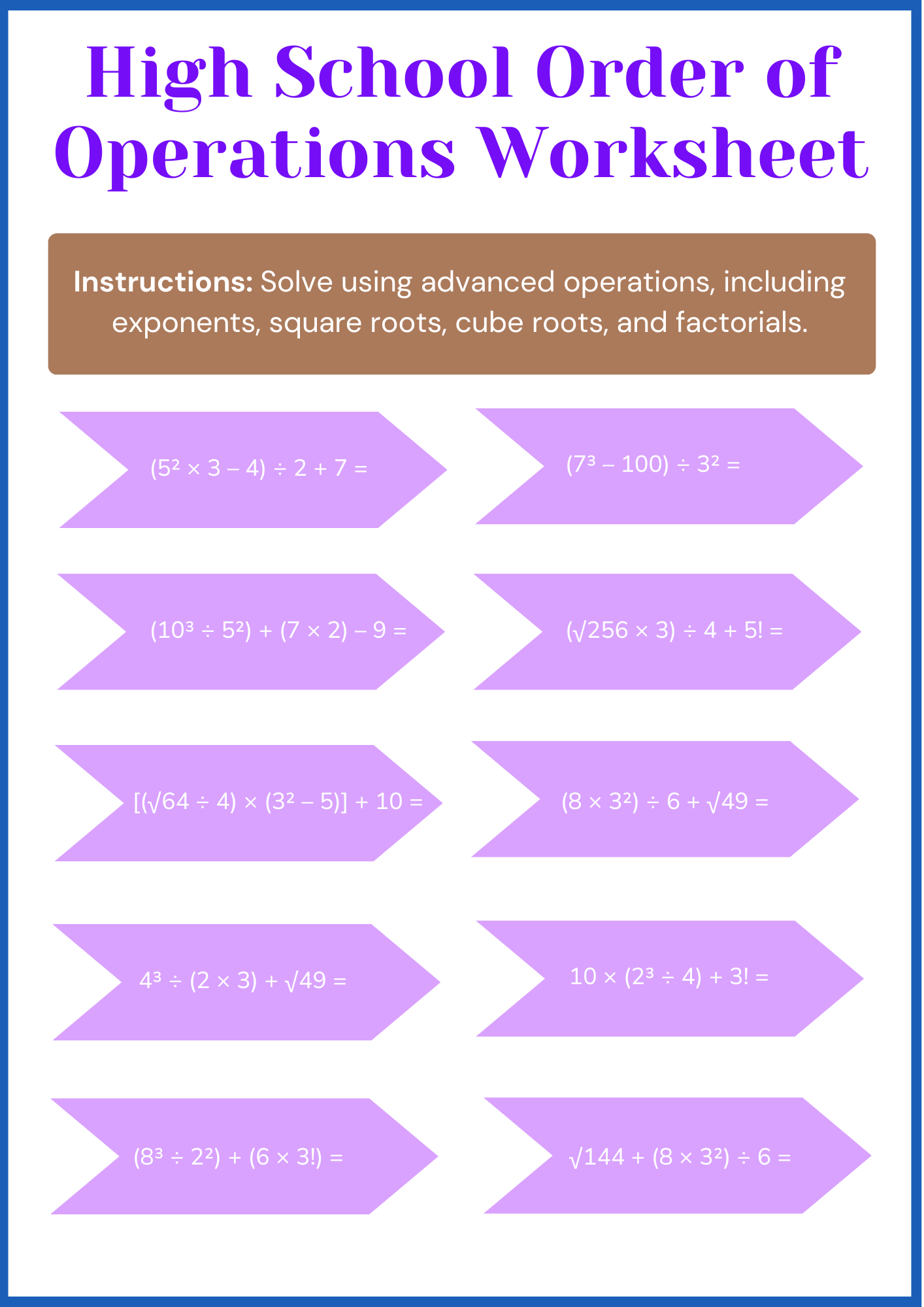 High School Order of Operations Worksheet