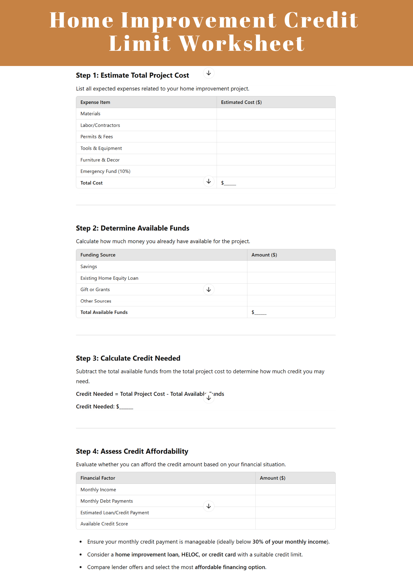 Home Improvement Credit Limit Worksheet