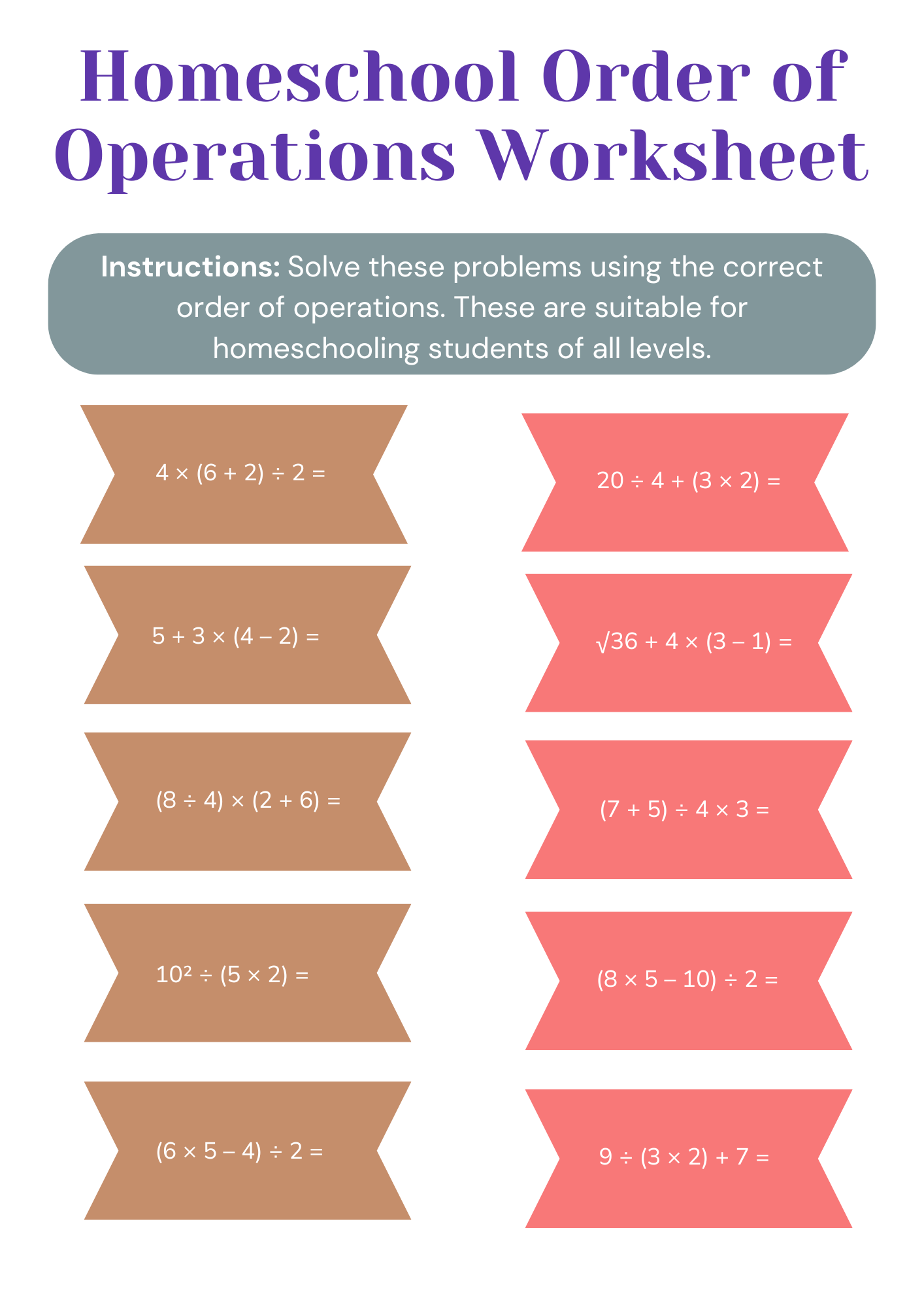 Homeschool Order of Operations Worksheet